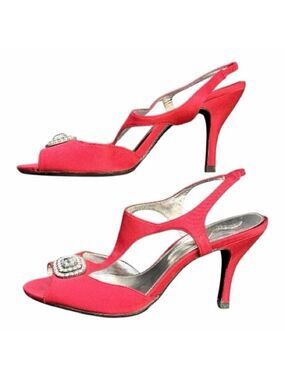 Nina Red Satin Embellished Slingback 3.5” Heels Size 7.5 Leather Soles Peep-toe